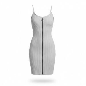 Love Tree Light Gray Ribbed Knit Full Zip Bodycon Tank Dress Womens